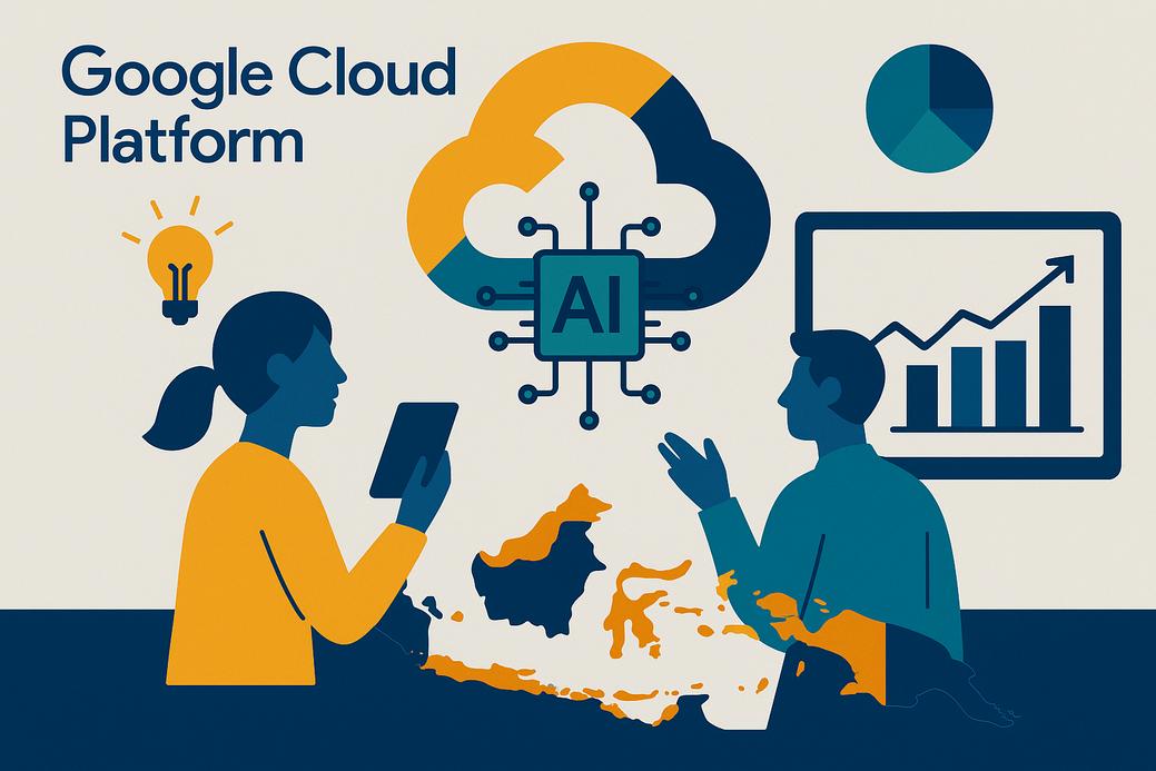Ilustrasi Google Cloud Platform dengan fokus pada AI dan analytics untuk Indonesia